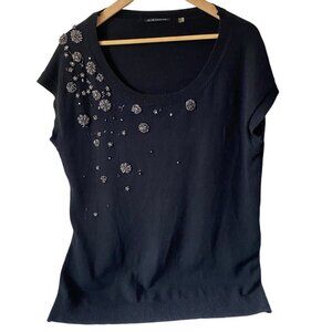 Elie Tahari Black Beaded Women M/L Cashmere Sweater Tunic HOLE Evening Elegant
